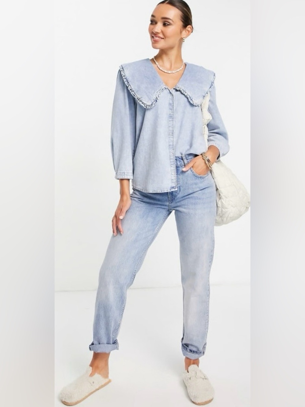 MNG Mango Denim Peter Pan Collar 3/4 Sleeve Button Down Top Size 6